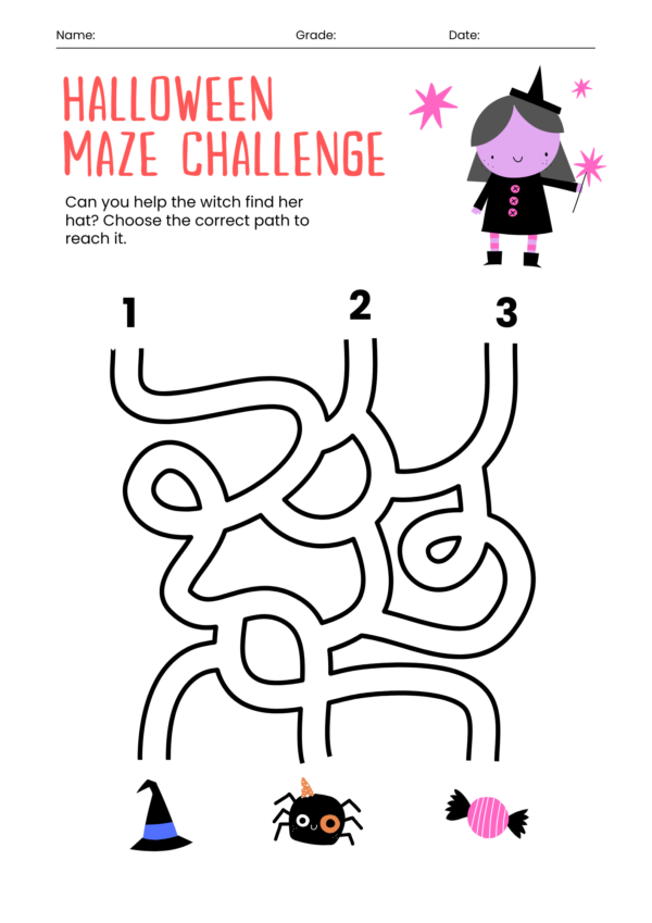Free Halloween Maze Worksheet for Kids – Witch Hat Path Challenge-kidsgohub.com- Free Halloween Maze Worksheet for Kids – Witch Hat Path Challenge